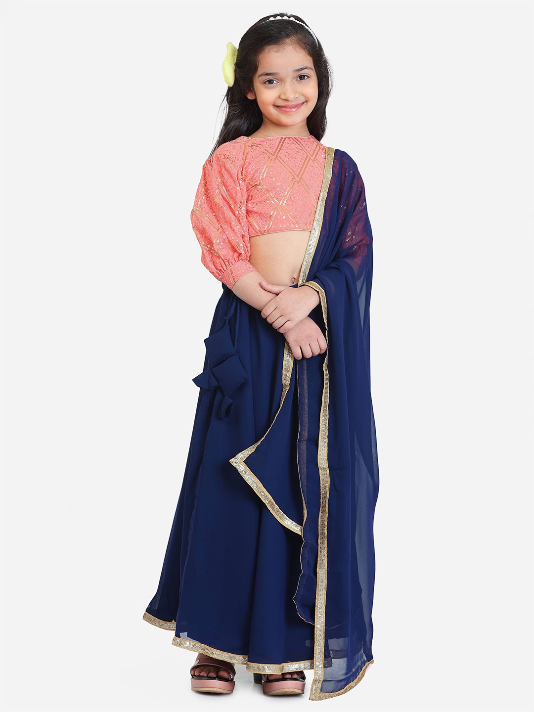 

Ethnovog Girls Embroidered Sequined Detail Lehenga Choli With Dupatta, Peach