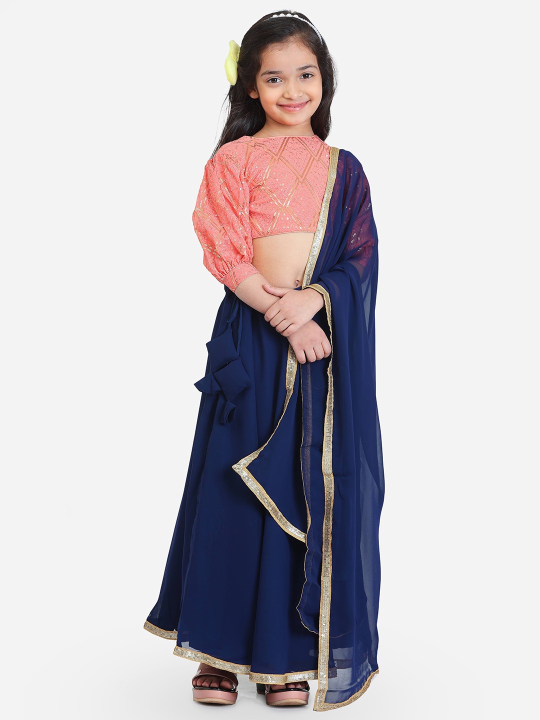

Ethnovog Girls Embroidered Readymade Lehenga & Blouse With Dupatta, Peach