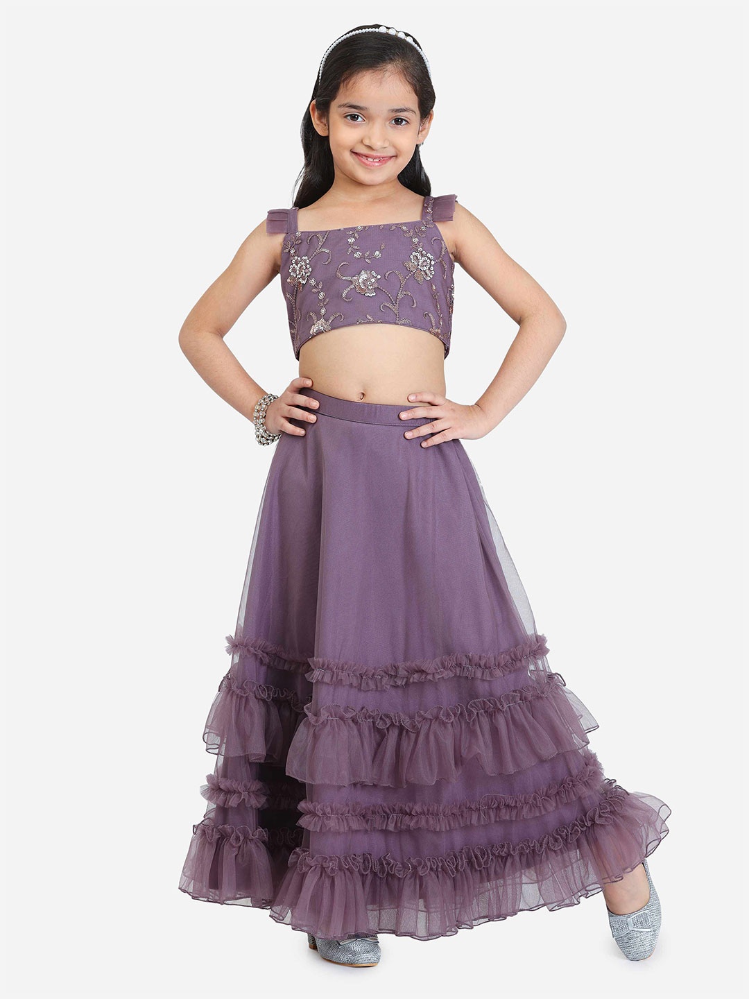 

Ethnovog Girls Embroidered Sequinned Lehenga Choli With Dupatta, Purple