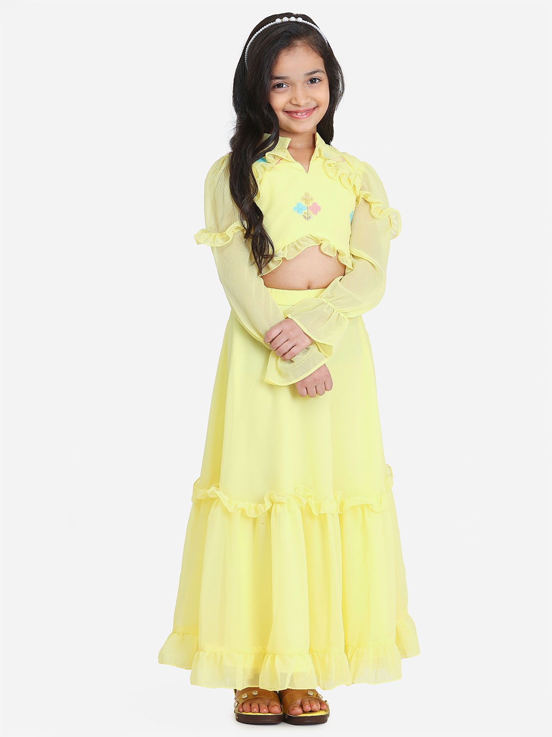 

Ethnovog Girls Embroidered Sequined Work Lehenga Choli, Yellow