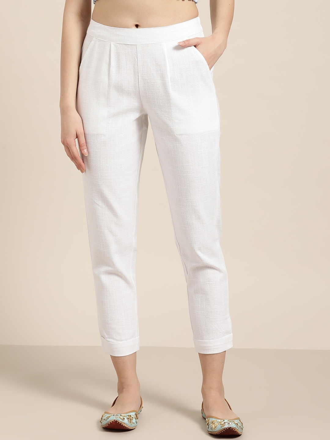 

KALINI Women White Relaxed Mid-Rise Slim Fit Cotton Cigarette Trousers