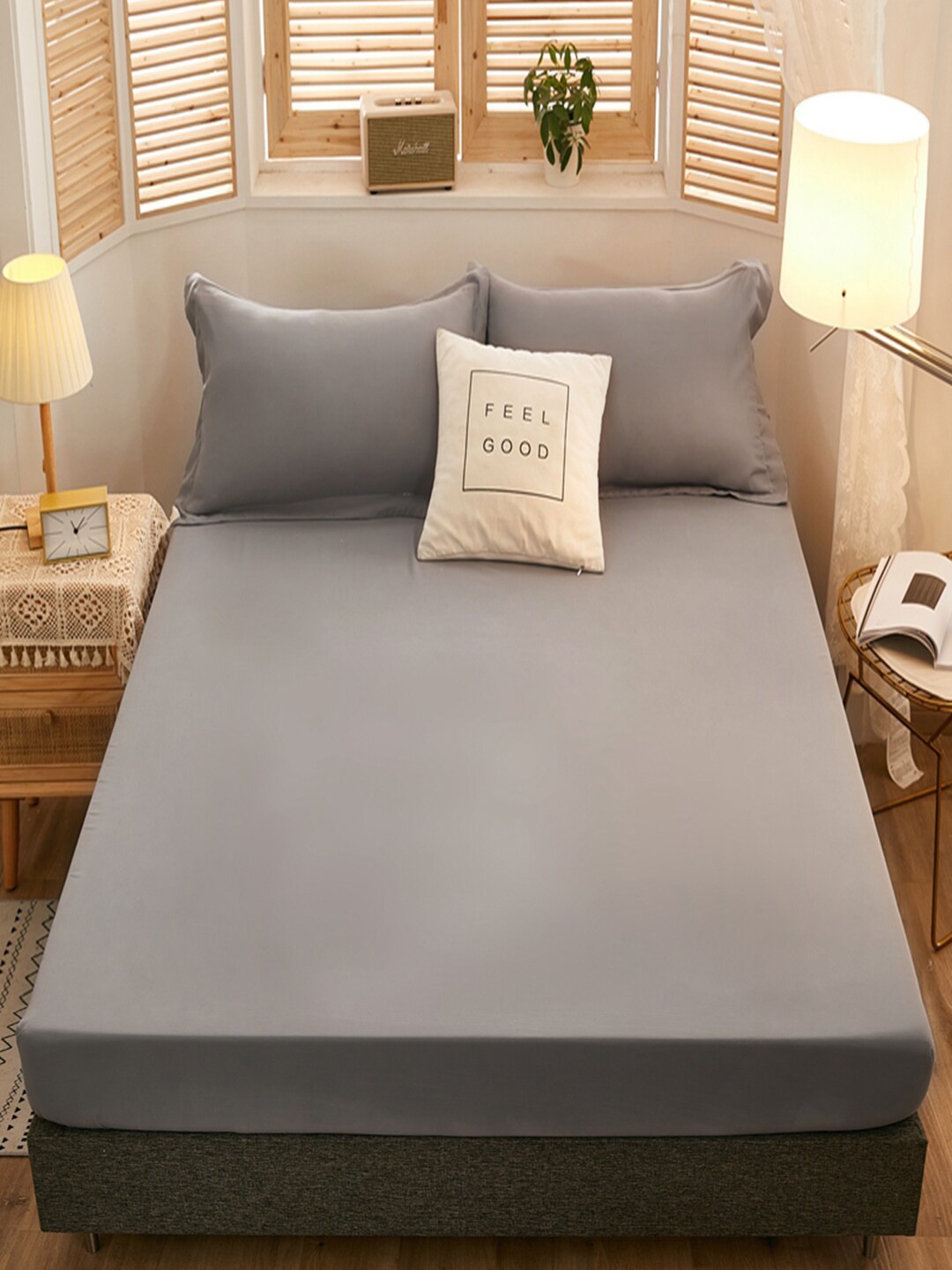 

JC HOME Grey 160 TC Fitted King Bedsheet with 2 Pillow Covers