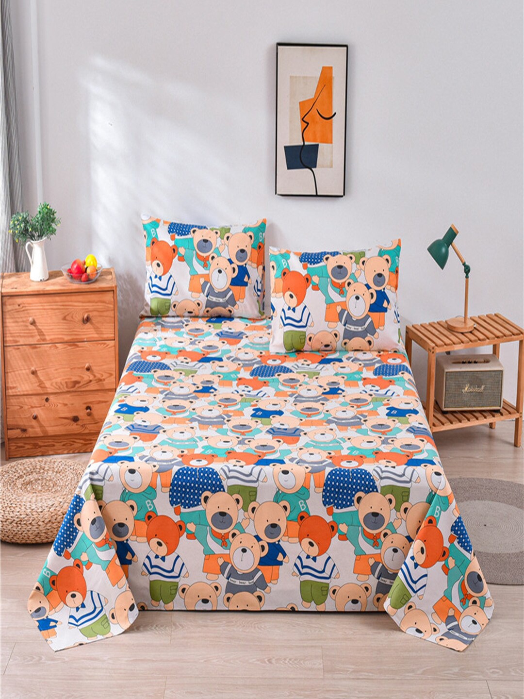 

JC HOME Blue & Orange Graphic 160 TC King Bedsheet with 2 Pillow Covers