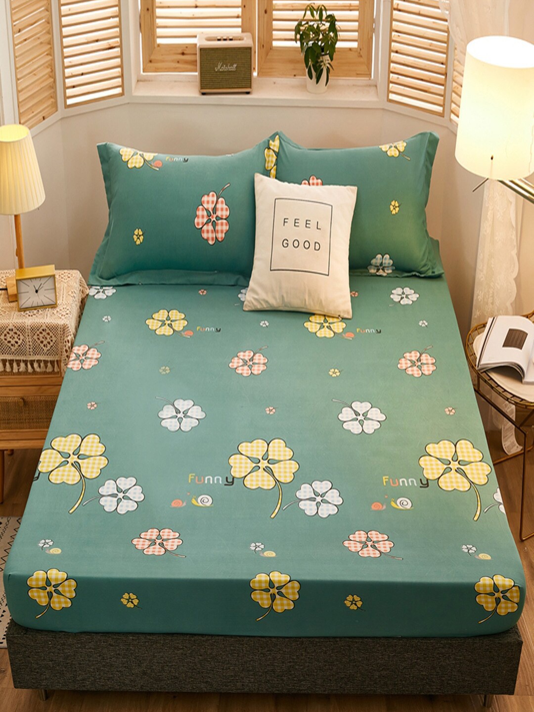 

JC HOME Green & Yellow Floral 160 TC Fitted King Bedsheet with 2 Pillow Covers