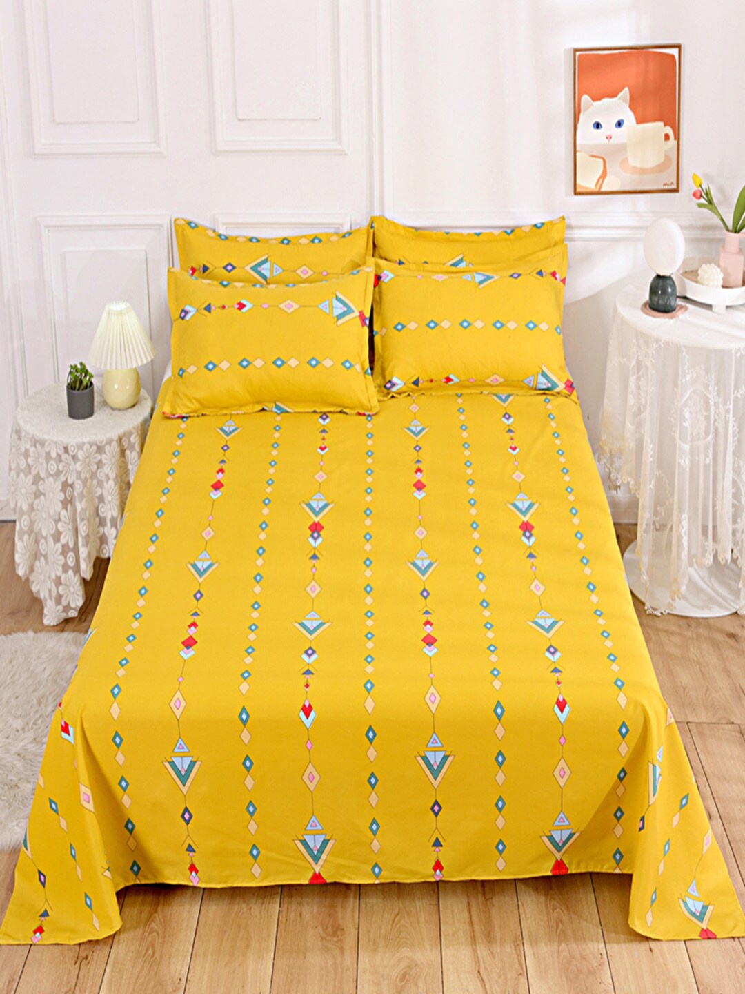 

JC HOME Yellow & Blue Geometric 140 TC Single Bedsheet With 1 Pillow Cover