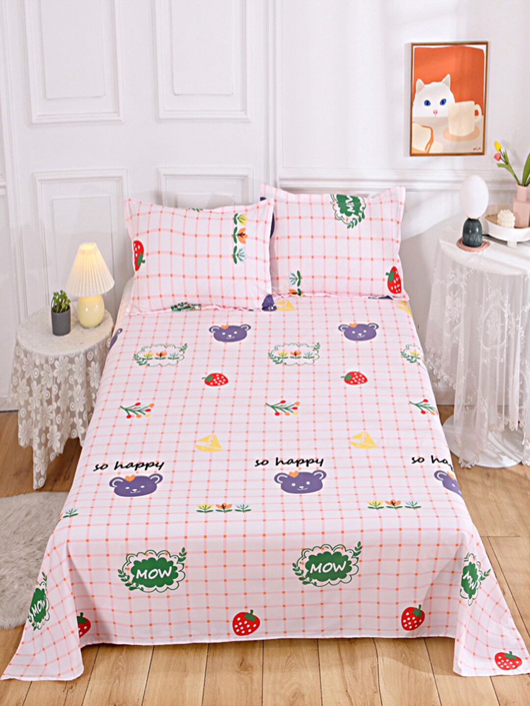 

JC HOME Pink & Green 140 TC Queen Bedsheet with 2 Pillow Covers