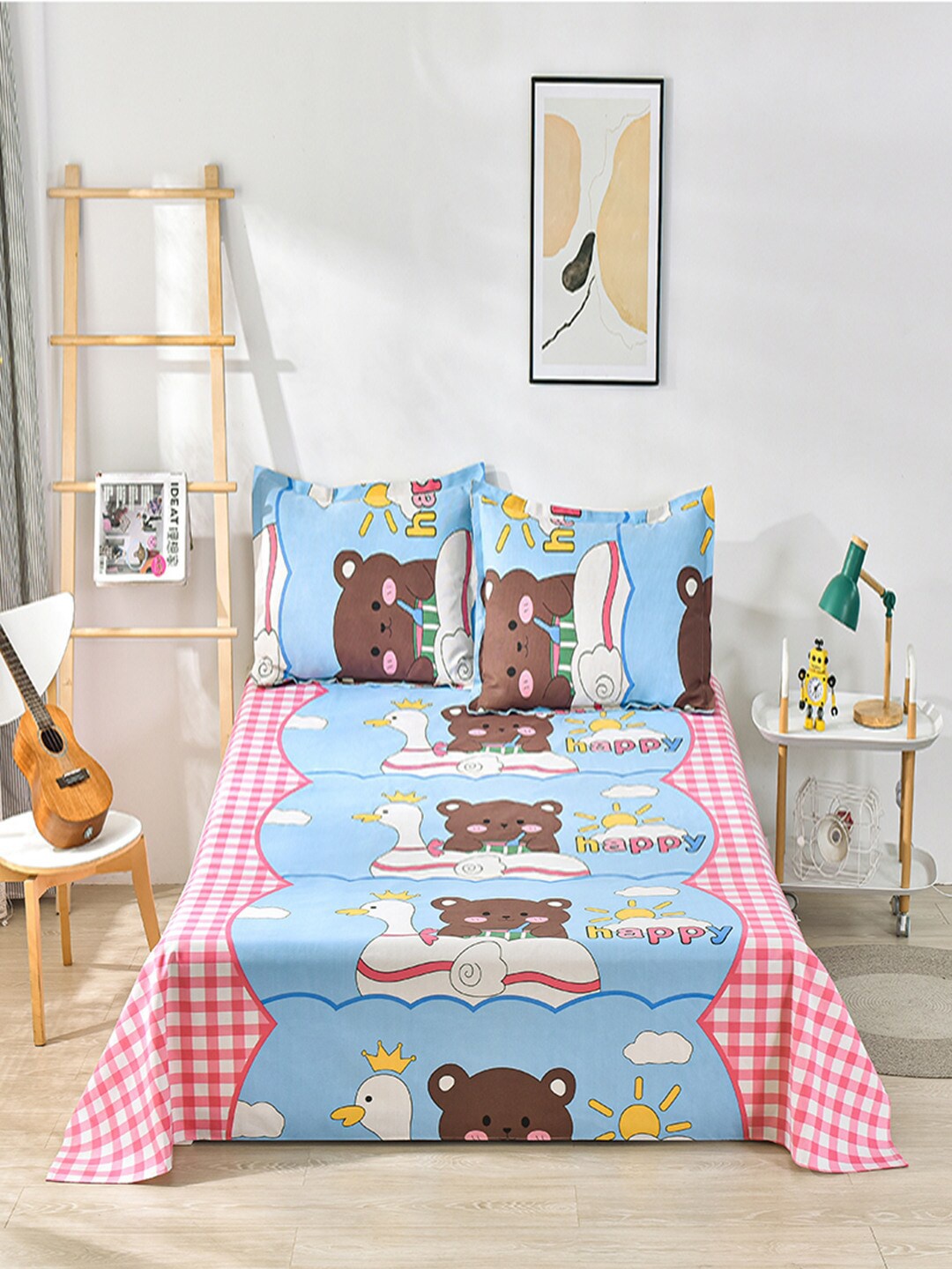 

JC HOME Blue & Yellow Graphic 160 TC King Bedsheet with 2 Pillow Covers