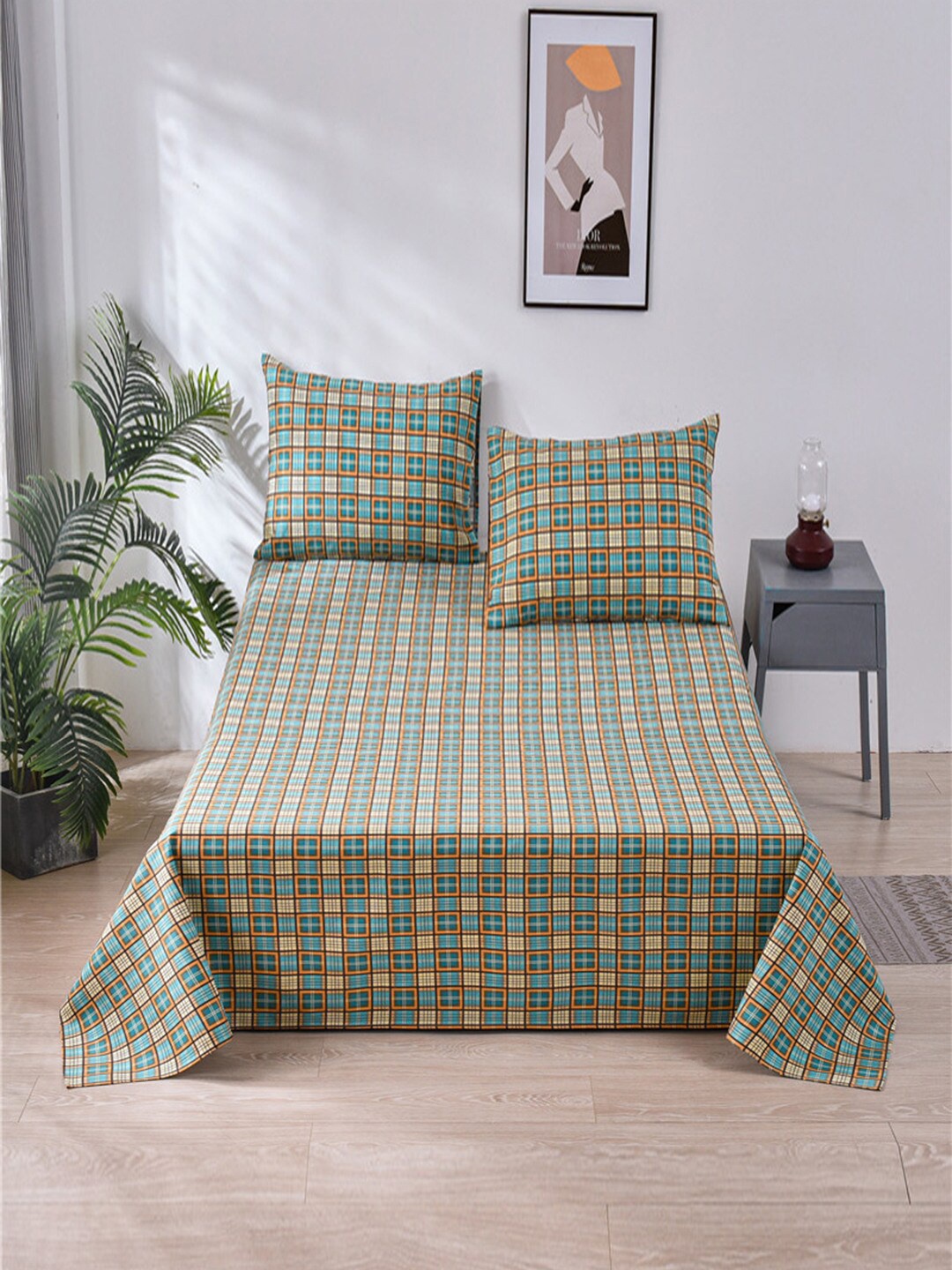 

JC HOME Teal & Mustard Geometric 160 TC King Bedsheet with 2 Pillow Covers