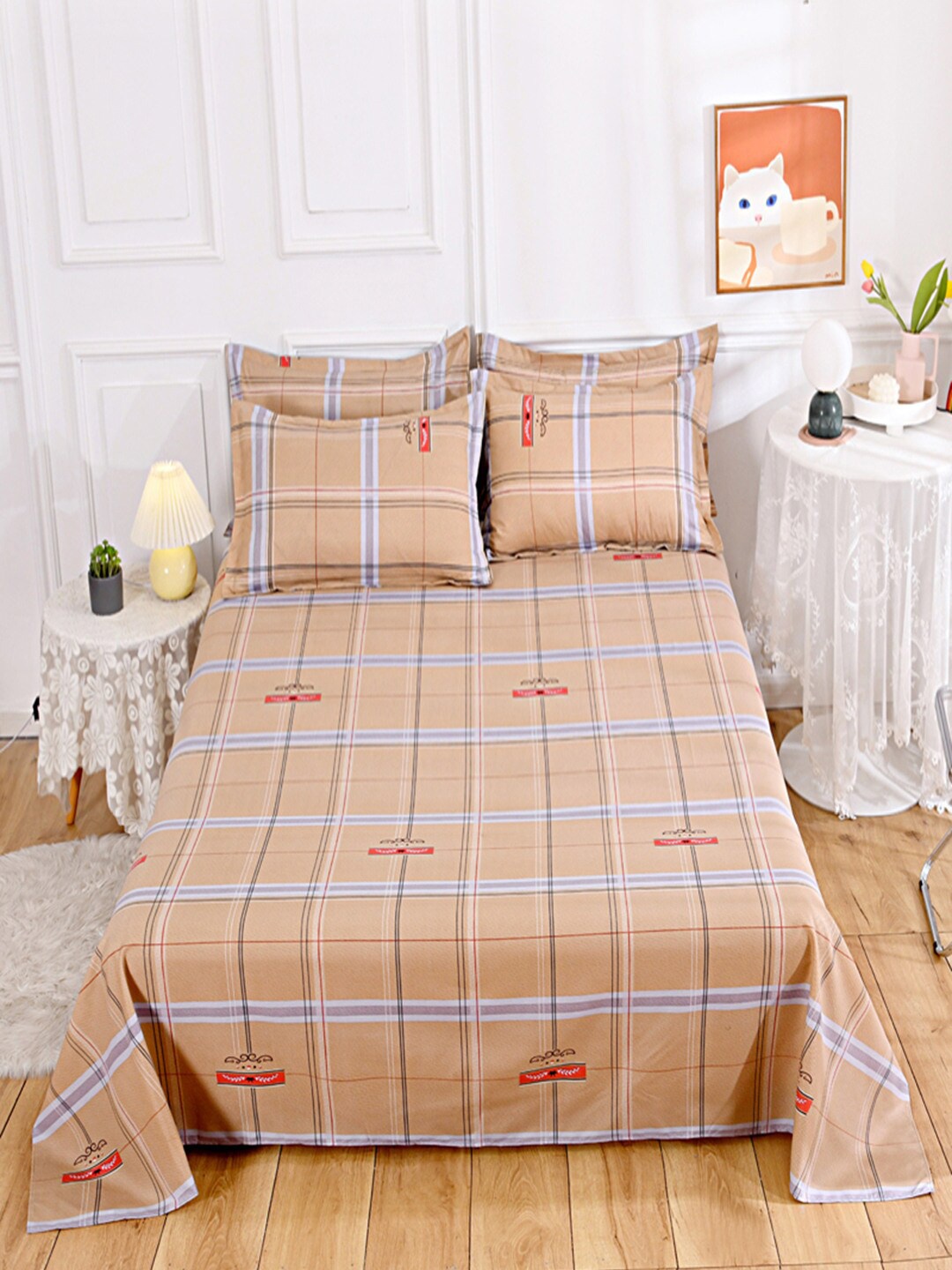 

JC HOME Khaki & Grey Geometric 140 TC King Bedsheet with 2 Pillow Covers