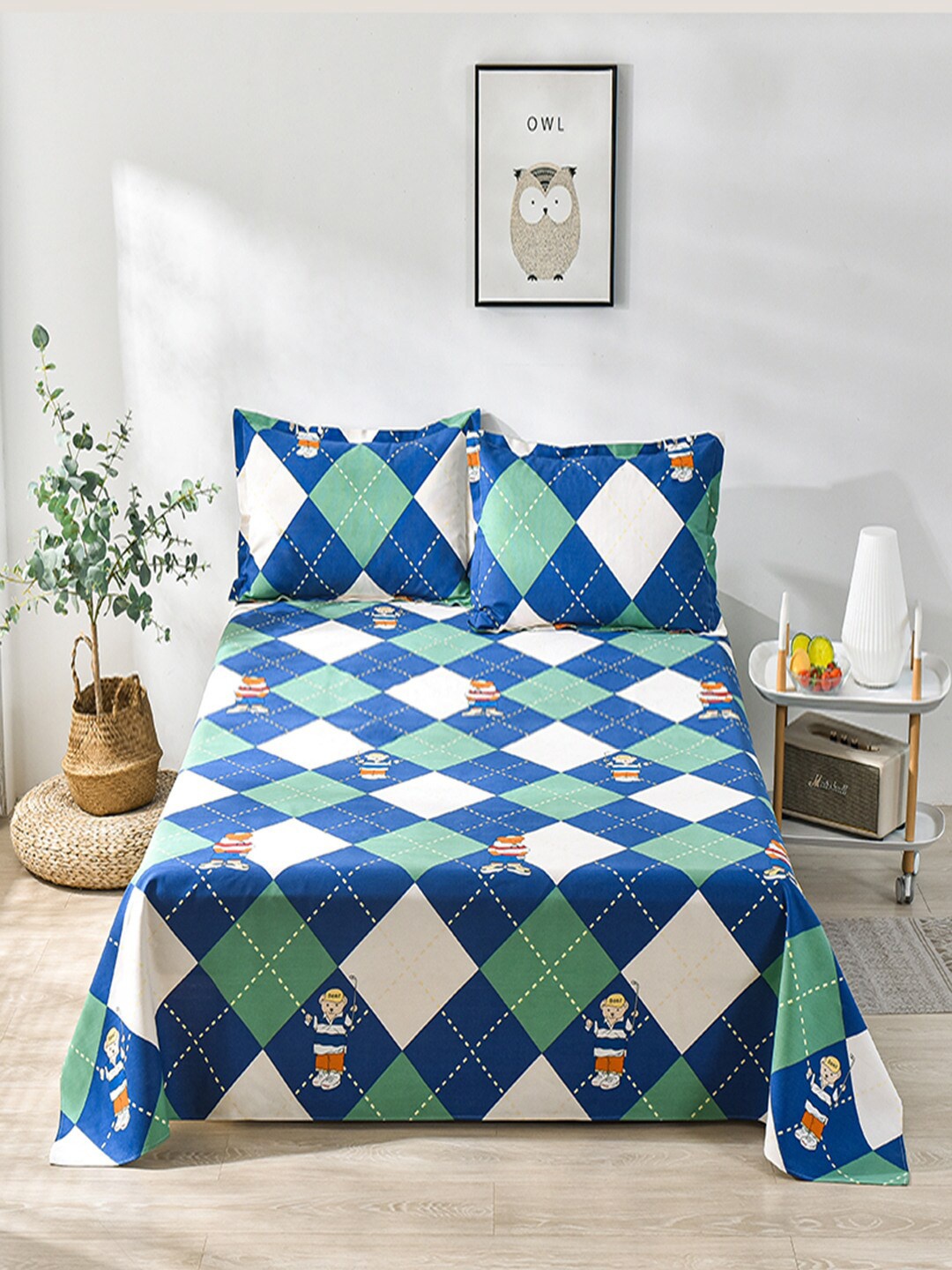 

JC HOME Blue & White Geometric 160 TC Single Bedsheet With 1 Pillow Cover