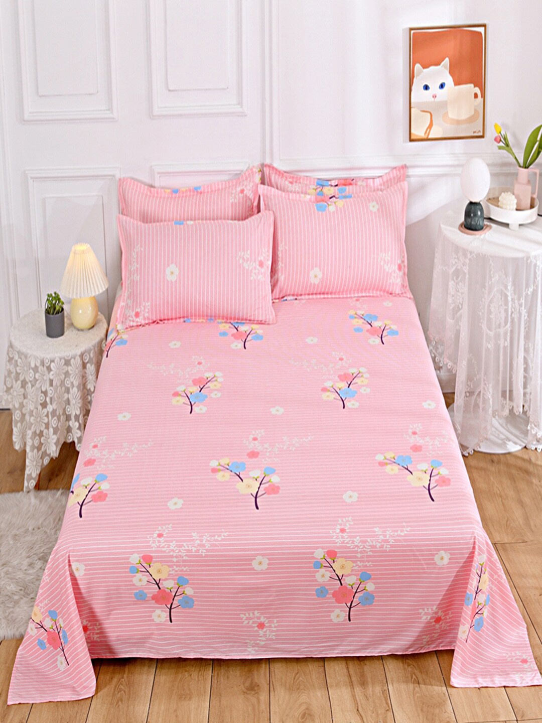 

JC HOME Pink & Blue Floral 140 TC Single Bedsheet with 1 Pillow Covers