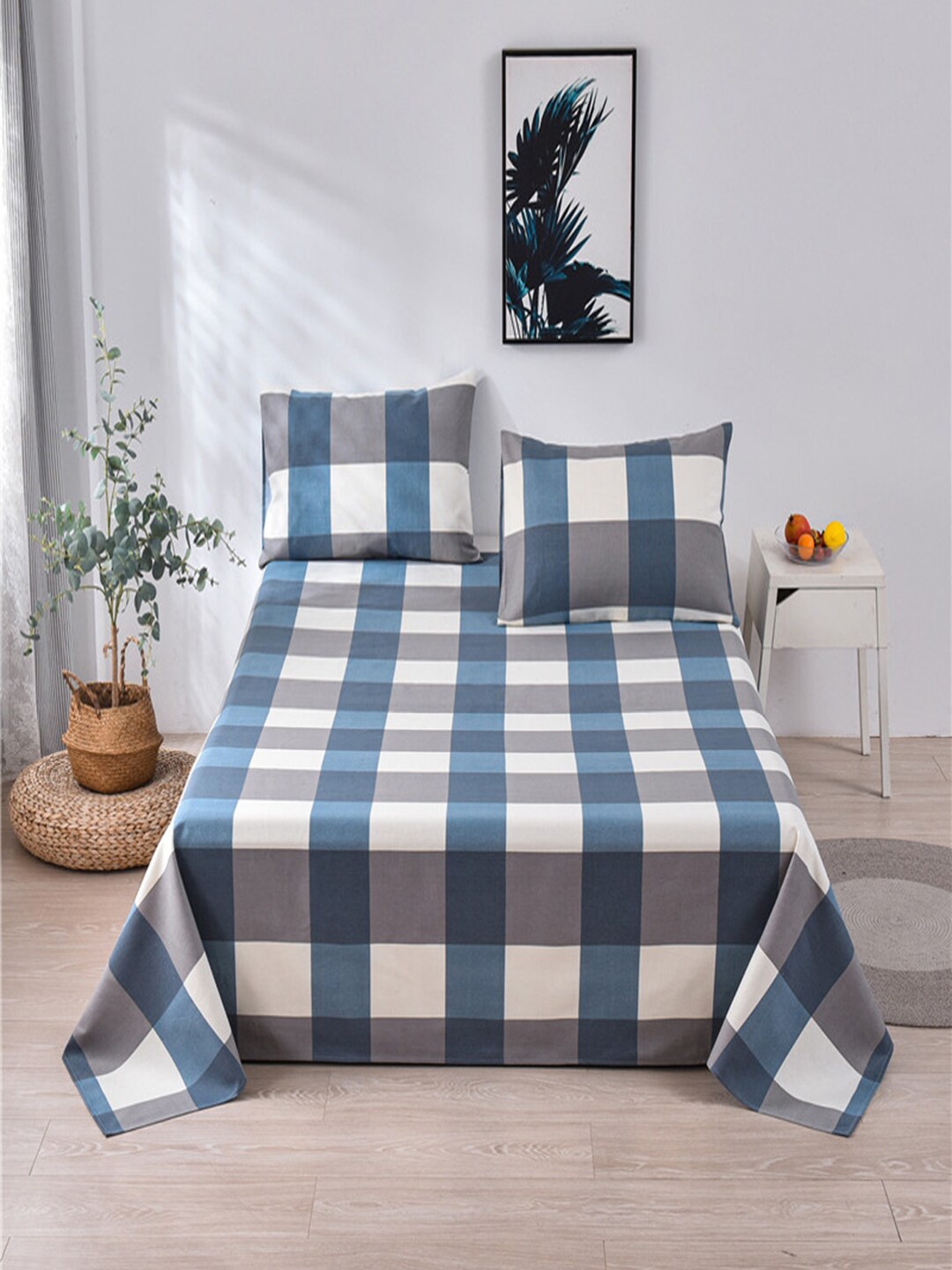 

JC HOME White & Blue Geometric 160 TC Single Bedsheet With 1 Pillow Cover