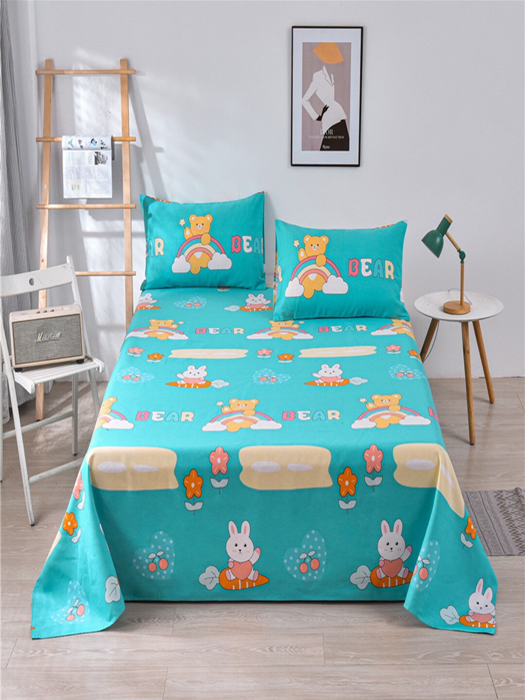 

JC HOME Blue & White Graphic 160 TC King Bedsheet with 2 Pillow Covers