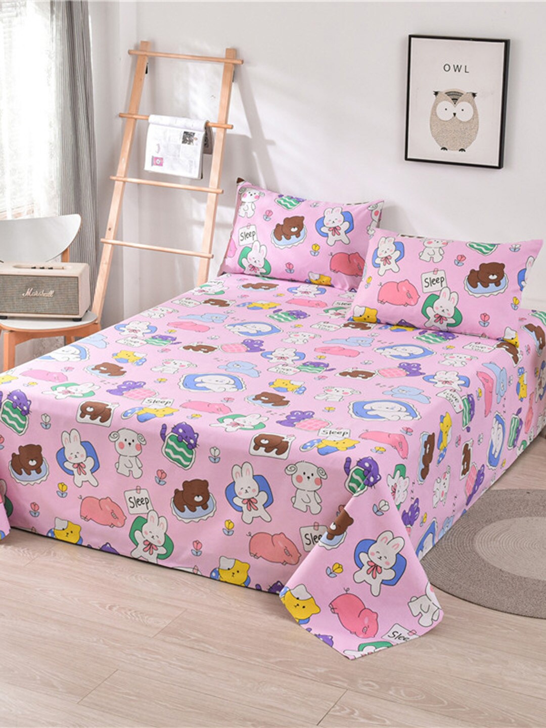 

JC HOME Pink & White Cartoon Characters 160 TC Single Bedsheet & Pillow Cover