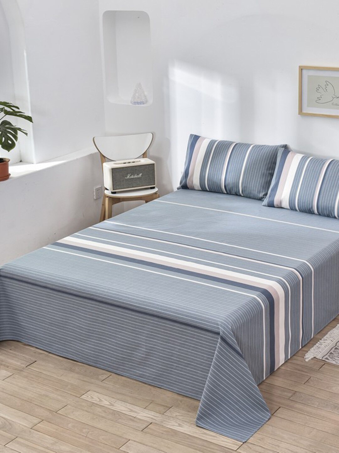 

JC HOME Grey & White Striped 160 TC Single Bedsheet with 1 Pillow Cover