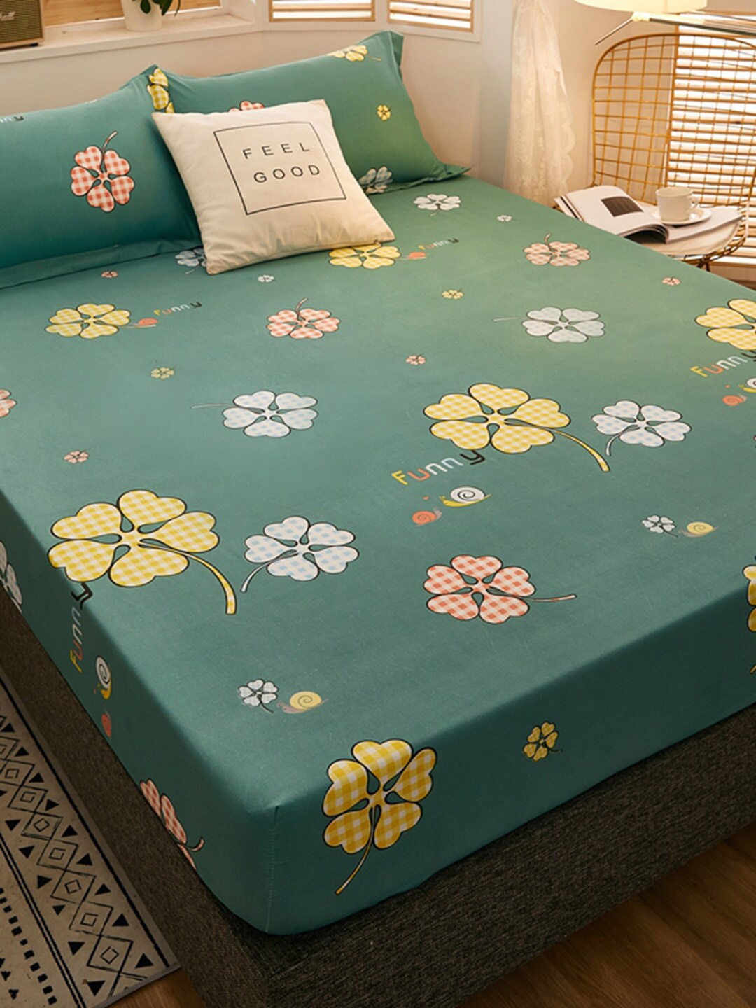 

JC HOME Green & Yellow Floral 160 TC Single Bedsheet With 1 Pillow Cover