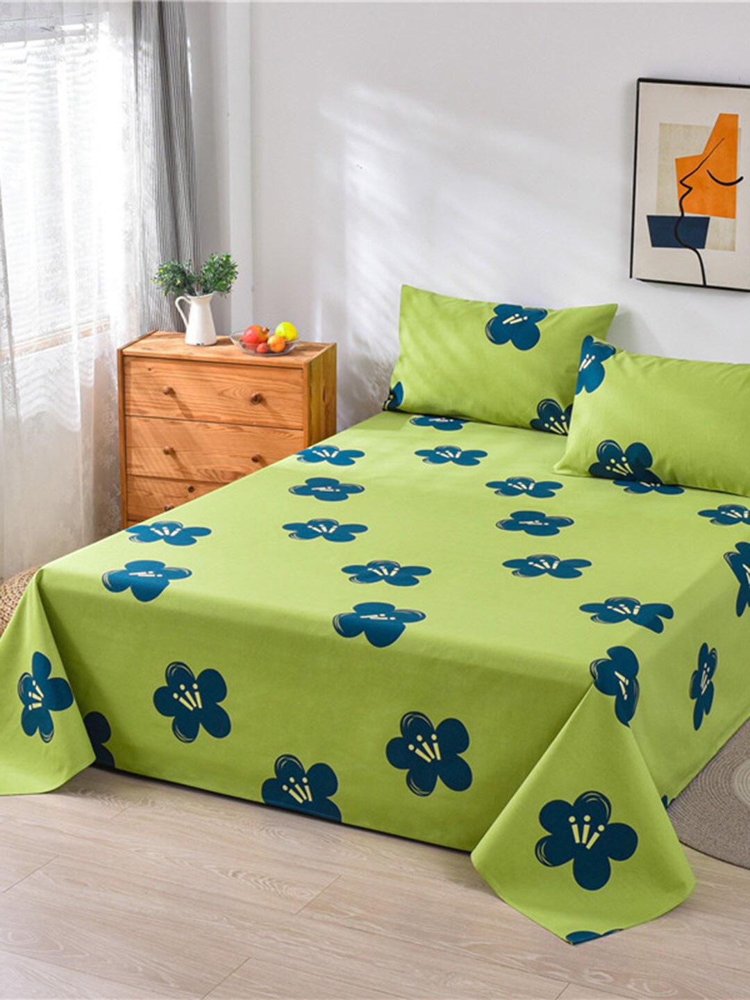 

JC HOME Green & Navy Blue Floral 160 TC King Bedsheet With 2 Pillow Covers