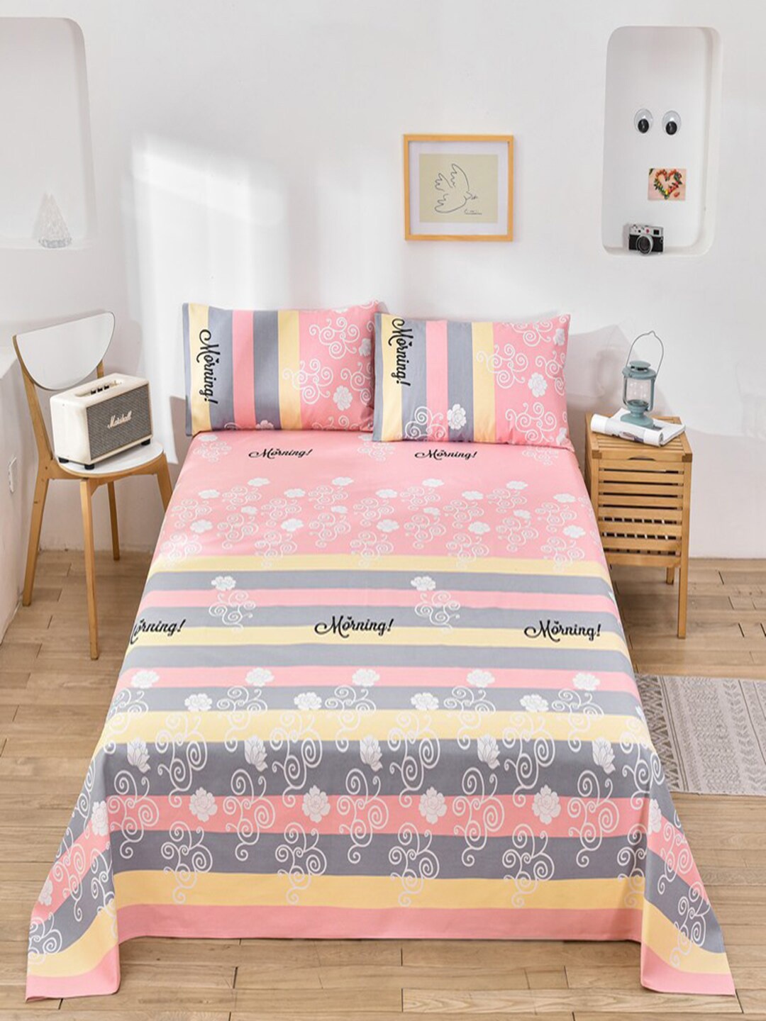 

JC HOME Pink & Grey Striped 160 TC King Bedsheet With 2 Pillow Covers