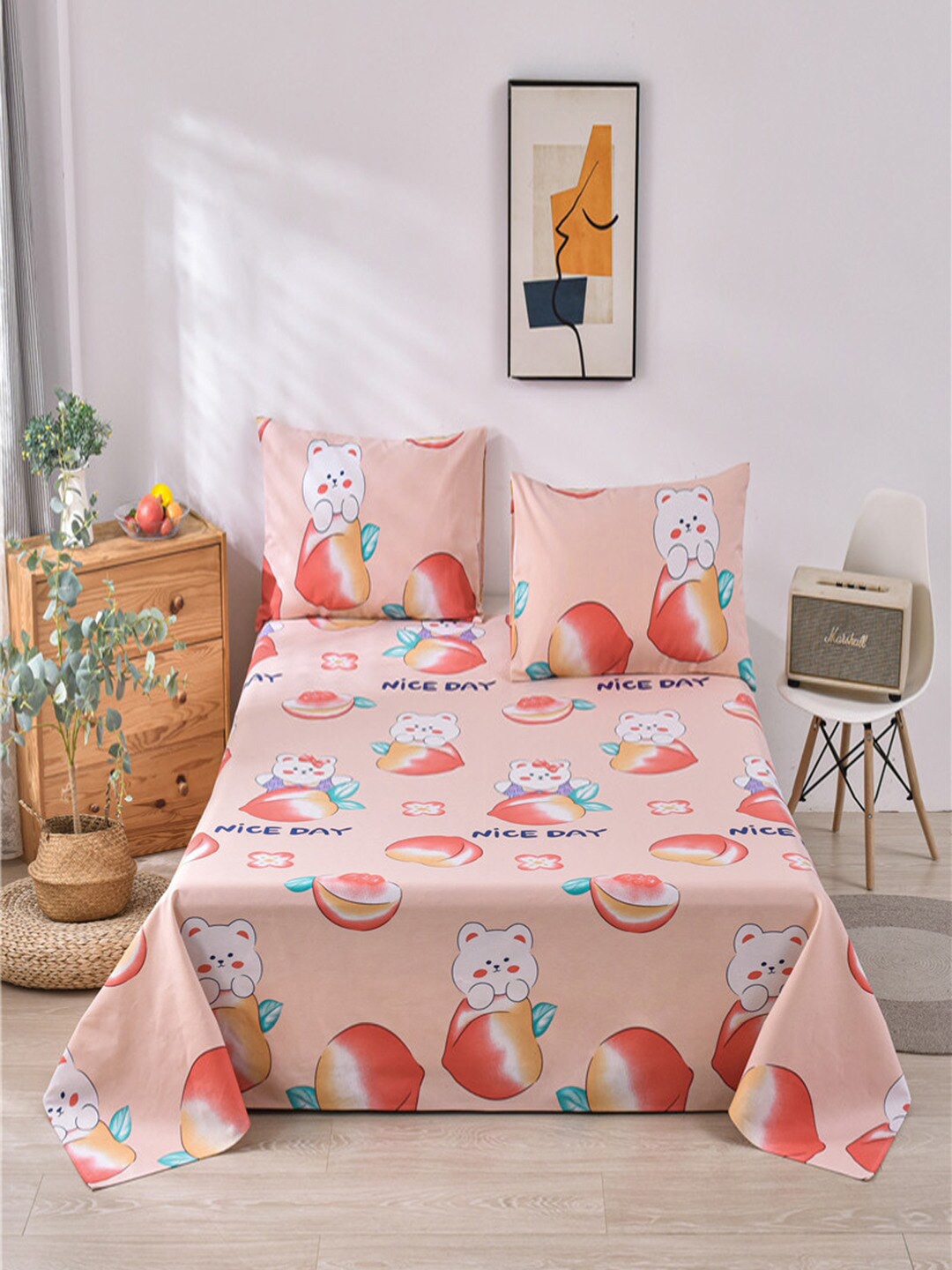 

JC HOME Peach-Coloured & Green Graphic 160 TC Queen Bedsheet With 2 Pillow Covers