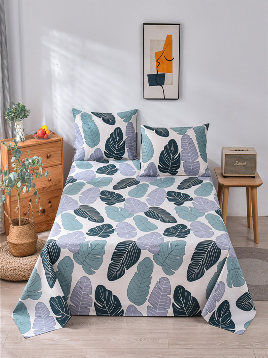 

JC HOME White & Green Floral 160 TC King Bedsheet With 2 Pillow Covers