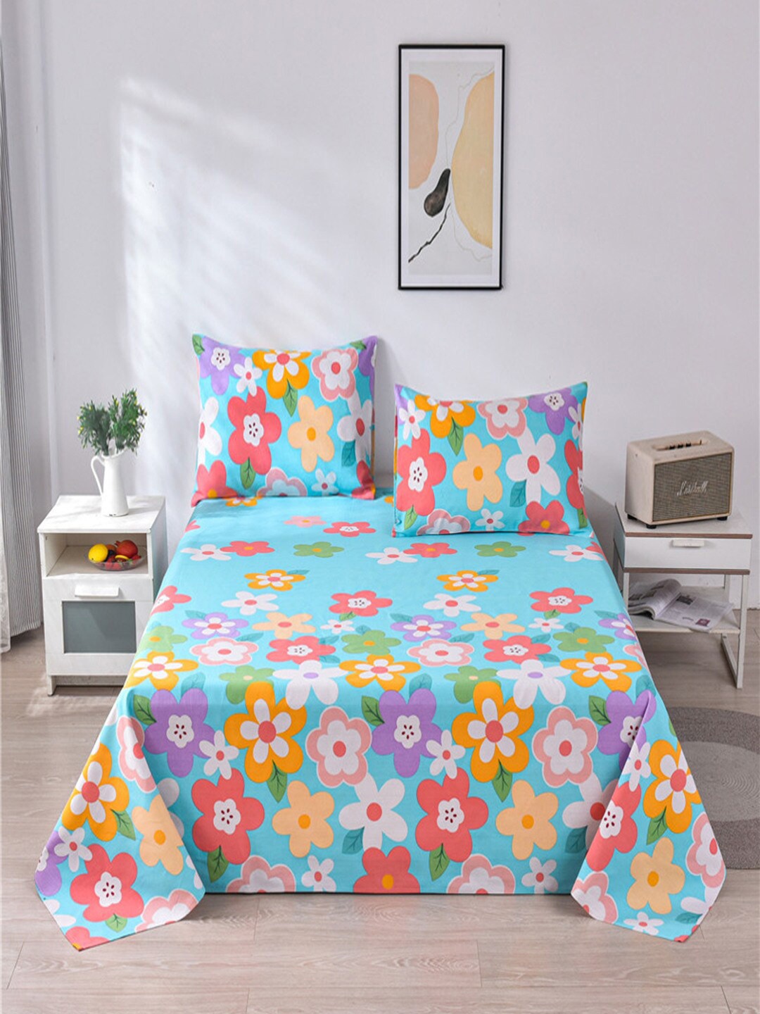 

JC HOME Blue & Mustard Floral 160 TC King Bedsheet With 2 Pillow Covers