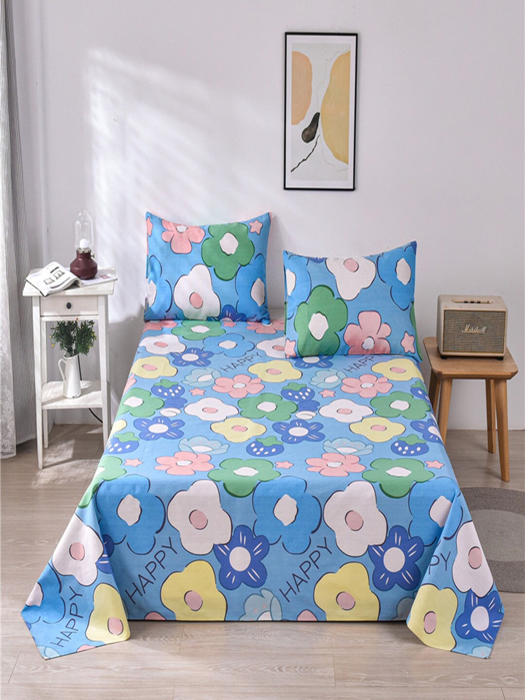 

JC HOME Blue & Yellow Floral 160 TC Queen Bedsheet With 2 Pillow Covers