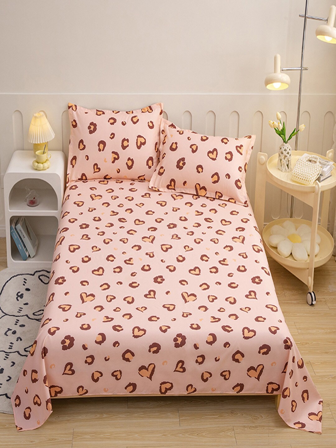 

JC HOME Pink & Coffee Brown Conversational 140 TC Queen Bedsheet & 2 Pillow Covers