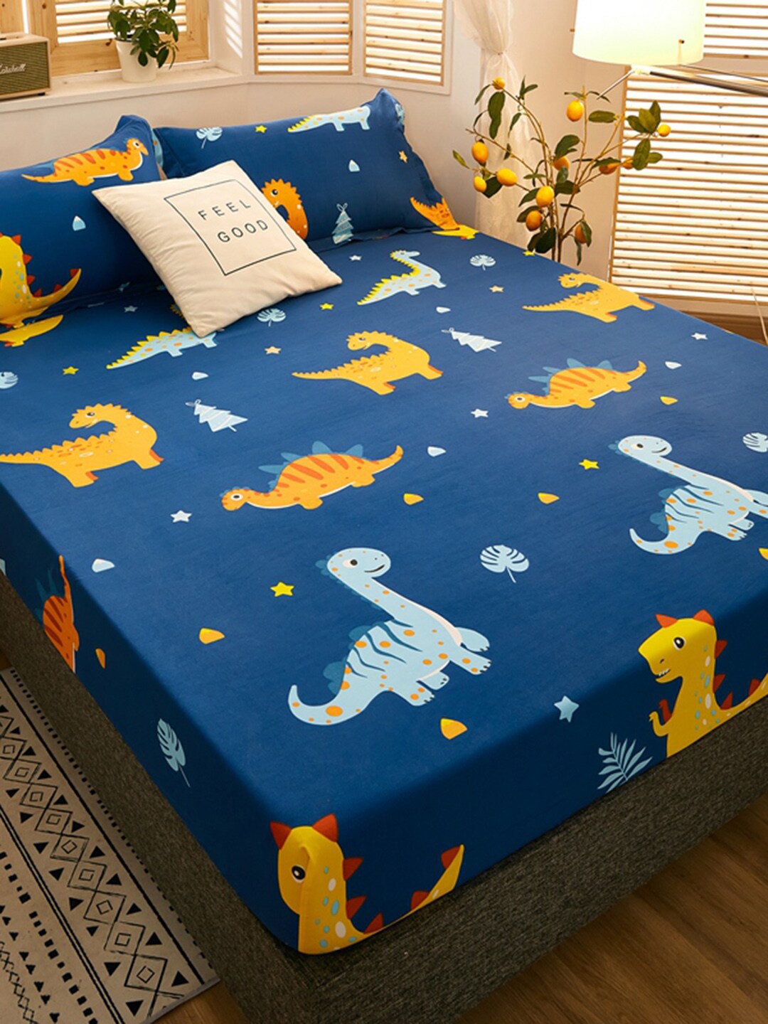 

JC HOME Navy Blue & Yellow Graphic 160 TC Fitted King Bedsheet With 2 Pillow Covers