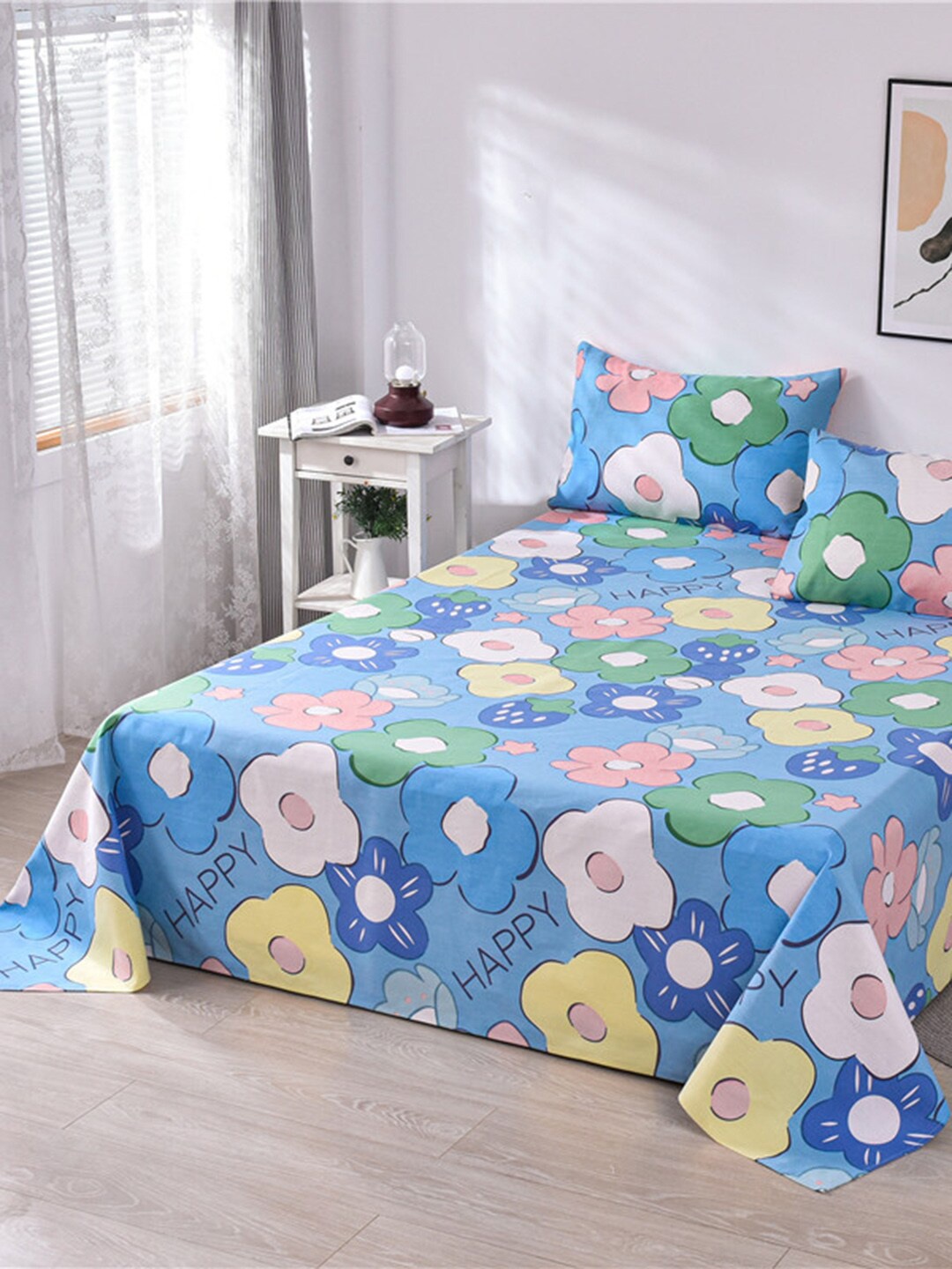 

JC HOME Blue & Yellow Floral 160 TC Single Bedsheet with 1 Pillow Cover