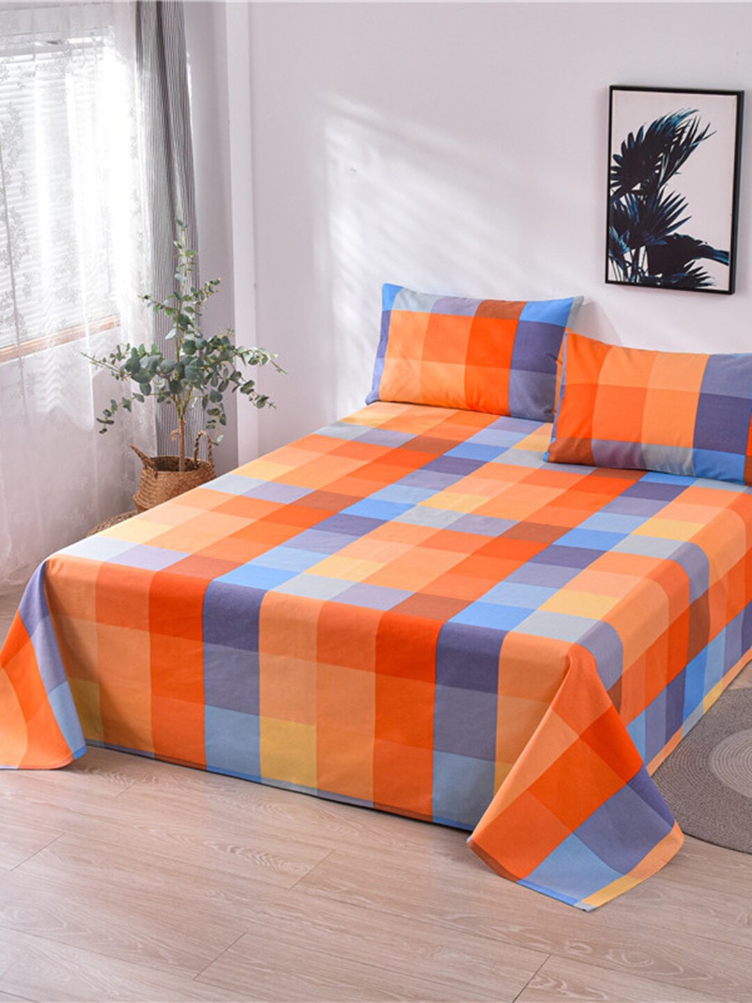 

JC HOME Blue & Orange Geometric 160 TC King Bedsheet & 2 Pillow Covers