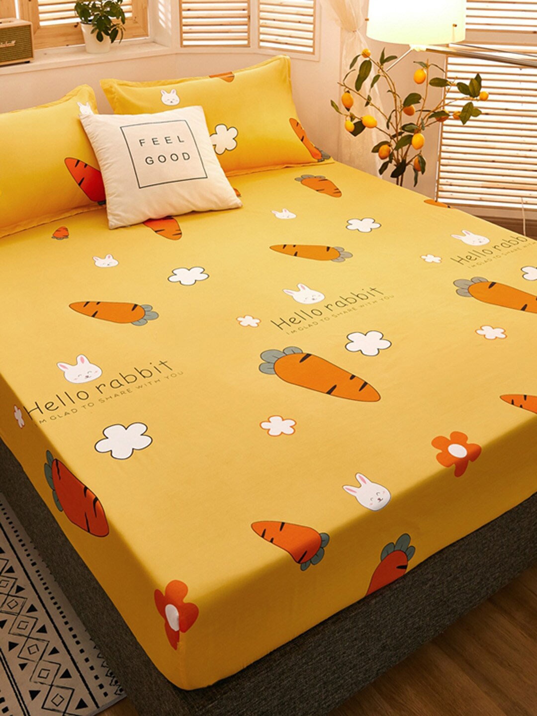 

JC HOME Yellow & Orange Conversational 160 TC Fitted Single Bedsheet & Pillow Cover