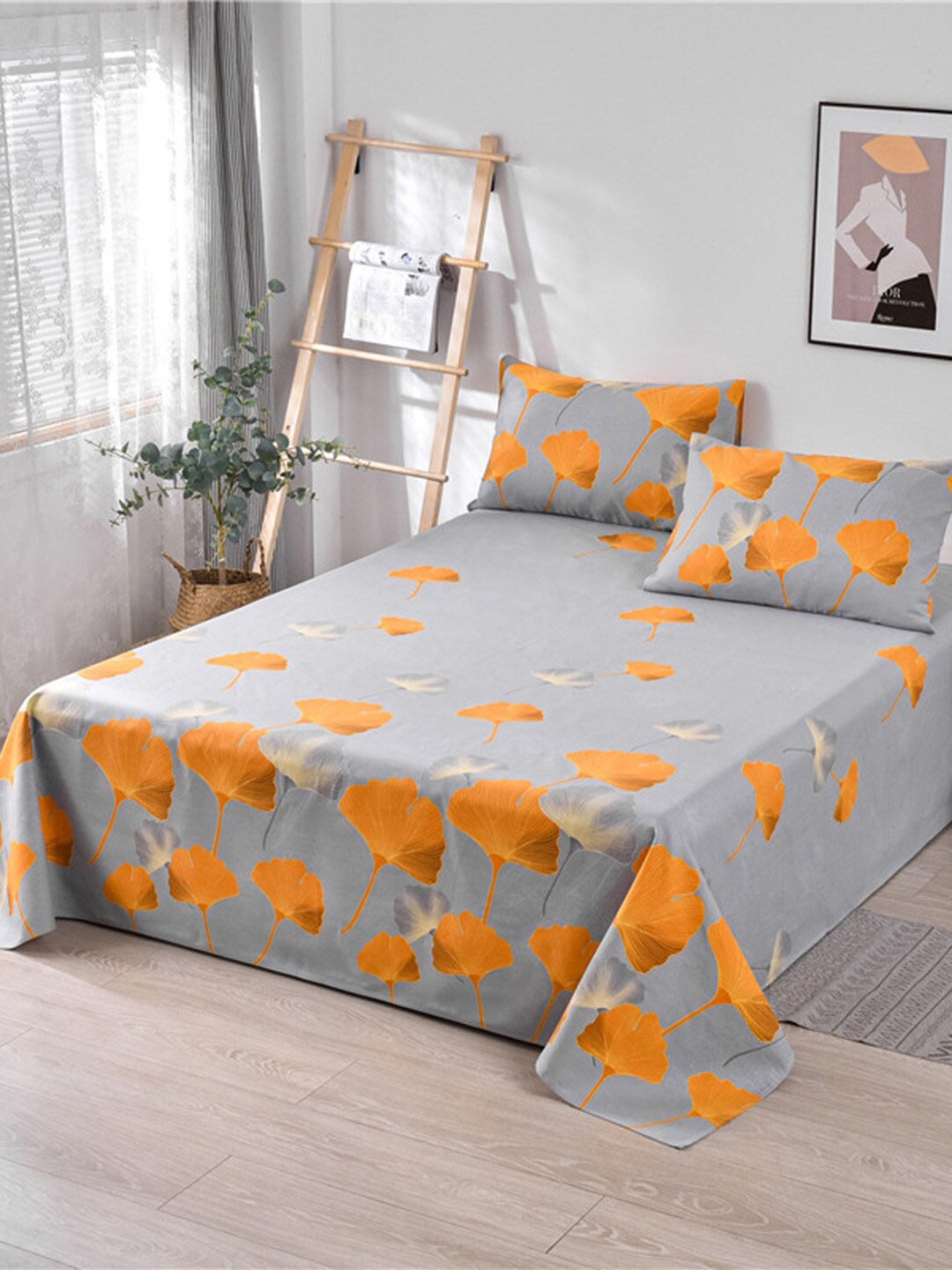 

JC HOME Grey & Orange Floral Printed 160 TC Queen Bedsheet & 2 Pillow Covers