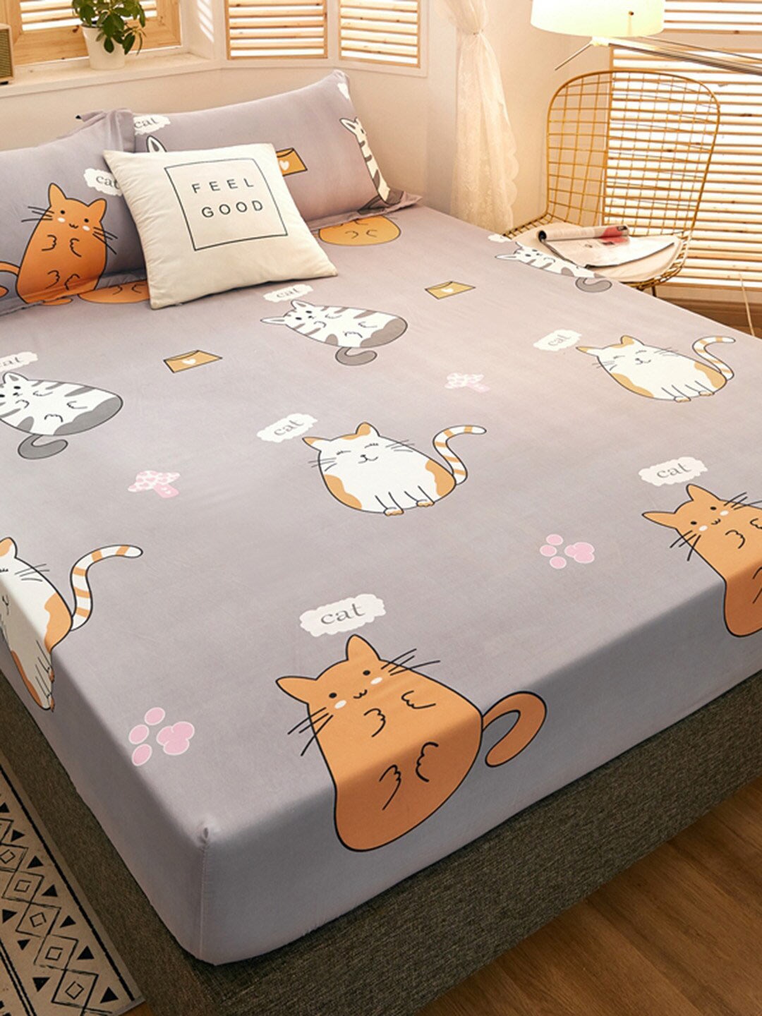 

JC HOME Grey & Orange Graphic Printed 160 TC Fitted King Bedsheet & 2 Pillow Covers