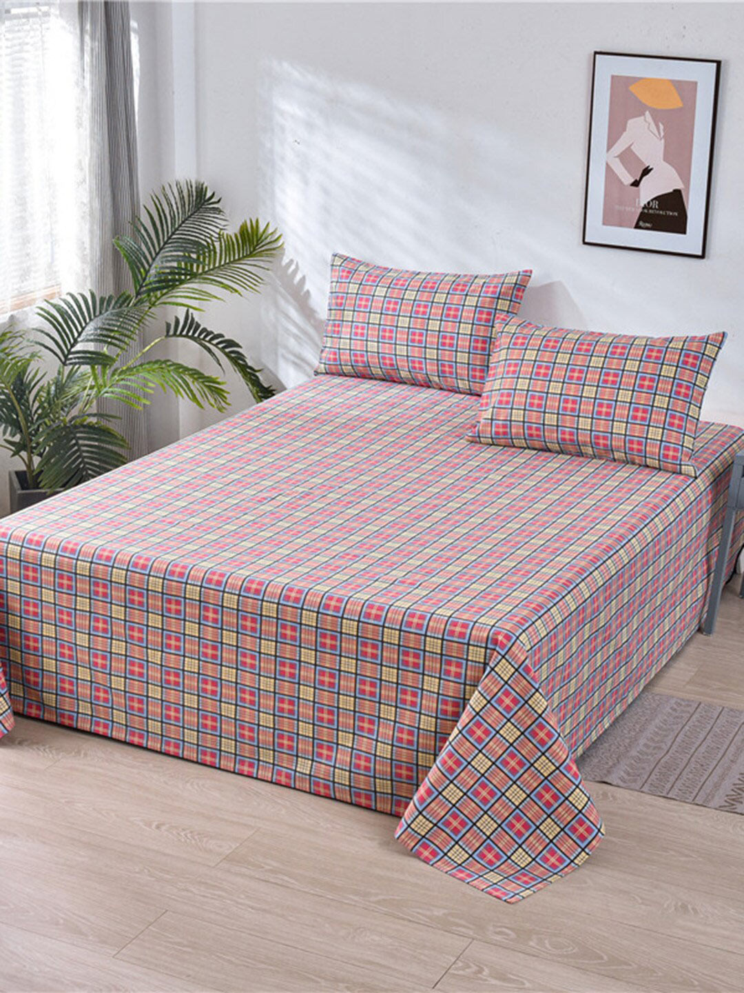 

JC HOME Red & Blue Geometric Printed 160 TC King Bedsheet & 2 Pillow Covers