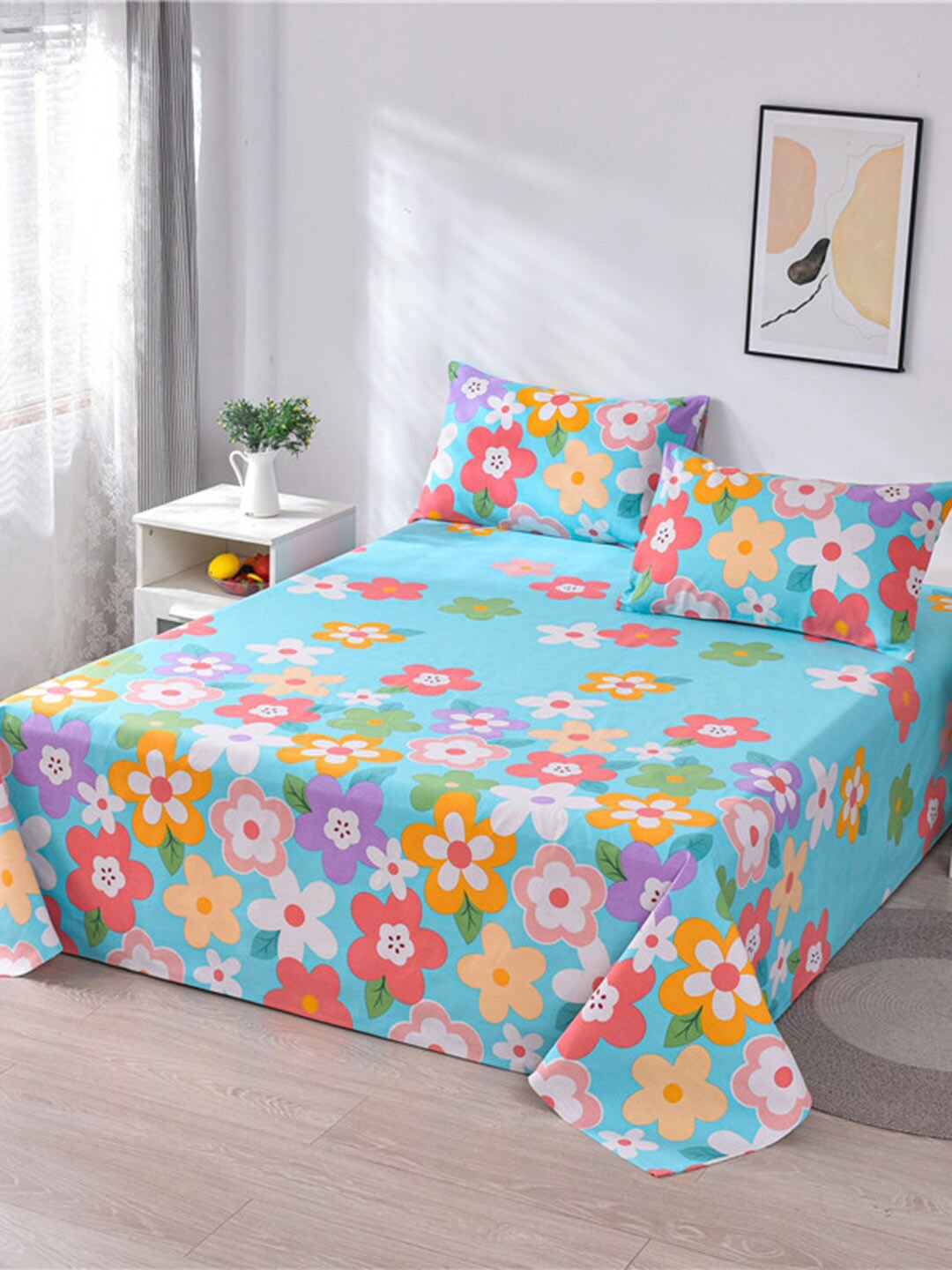 

JC HOME Red & Blue Floral Printed 160 TC King Bedsheet & 2 Pillow Covers