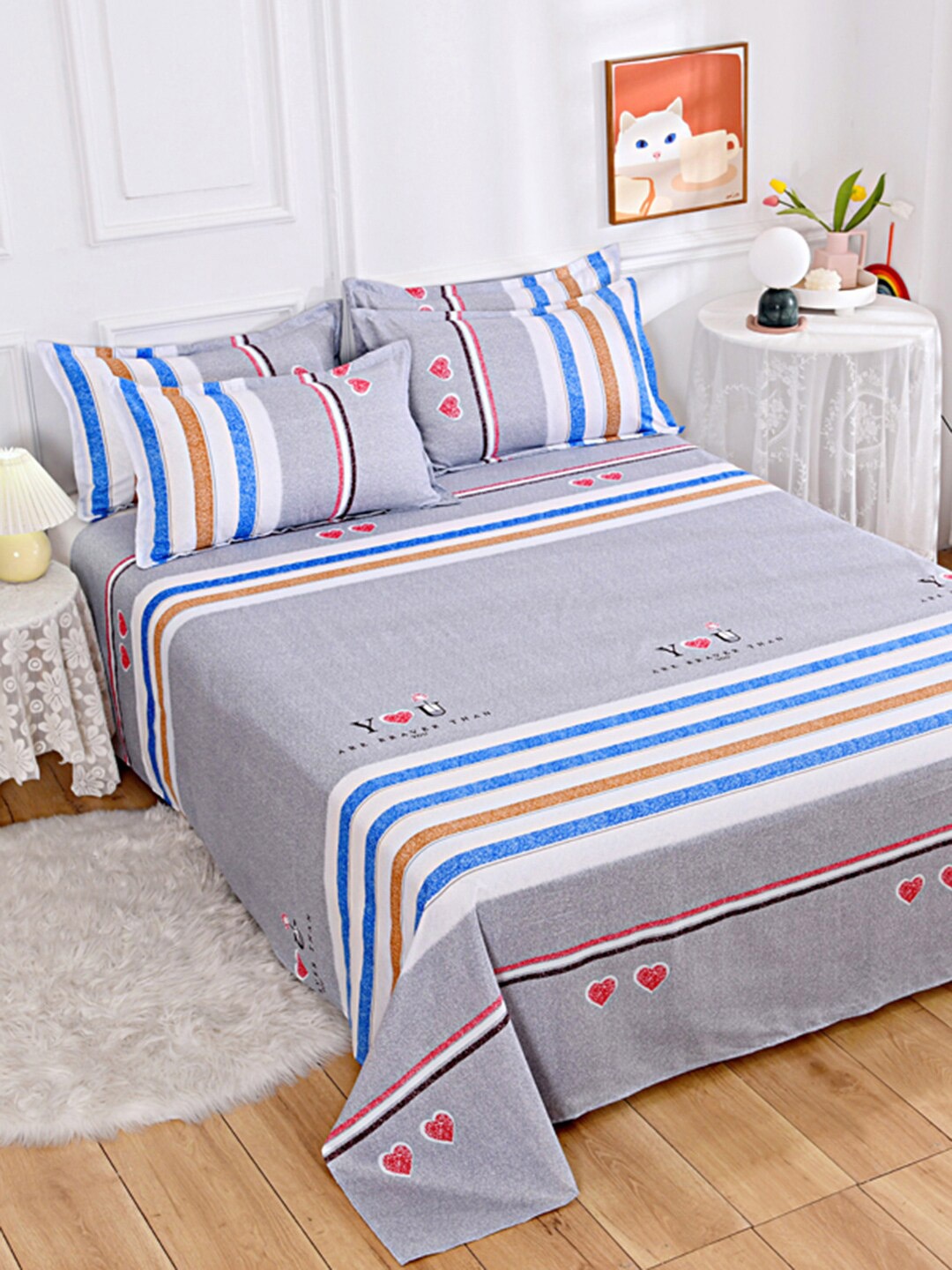 

JC HOME Blue & Grey Striped 140 TC Queen Bedsheet & 2 Pillow Covers