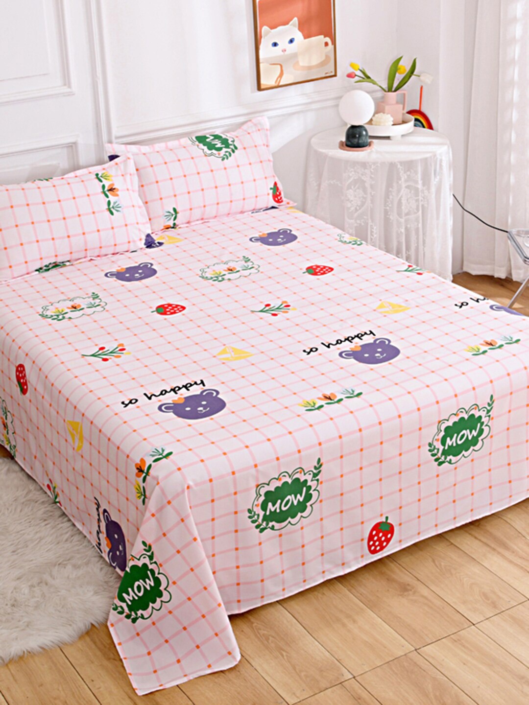

JC HOME Pink Green Graphic Printed 140 TC King Bedsheet 2 Pillow Covers