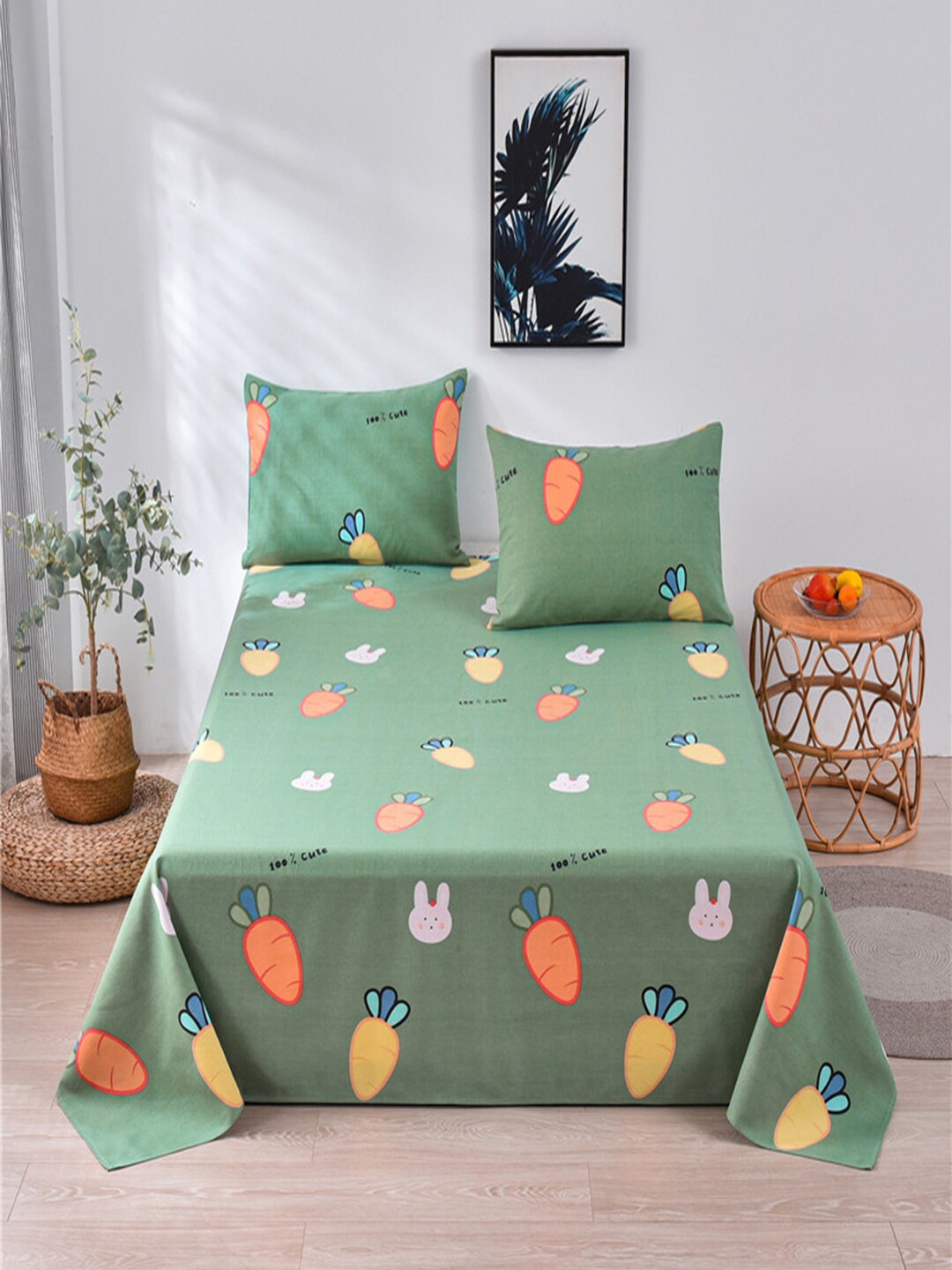 

JC HOME Green & Yellow Graphic 160 TC King Bedsheet with 2 Pillow Covers