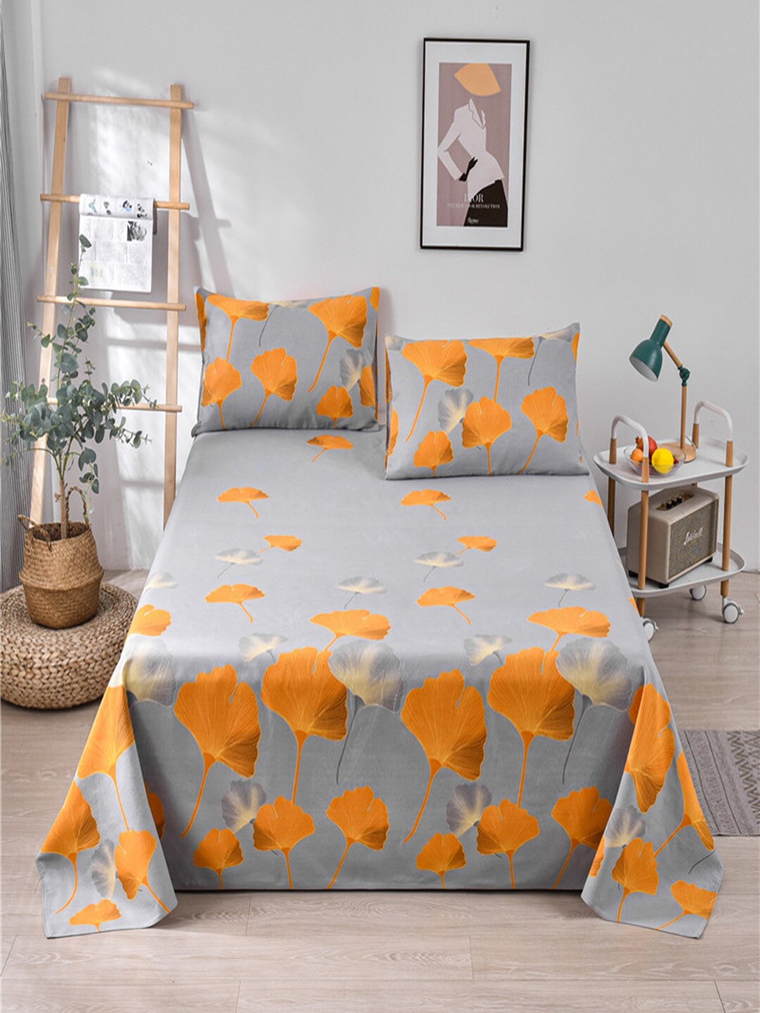 

JC HOME Grey & Orange Floral 160 TC King Bedsheet with 2 Pillow Covers