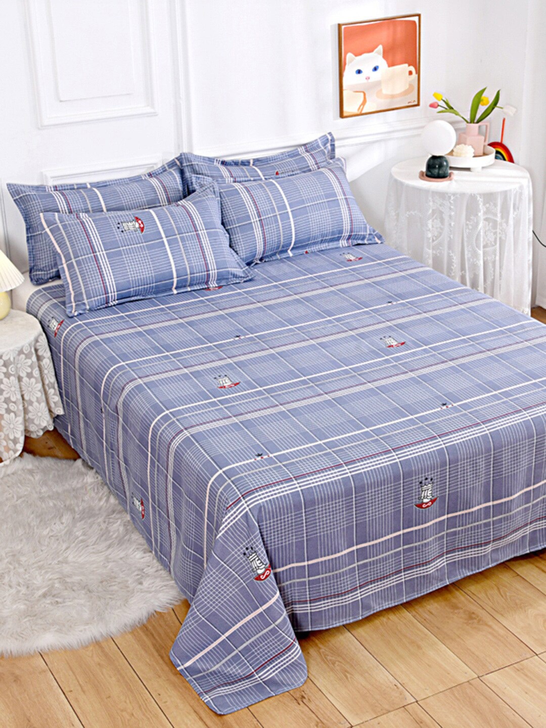 

JC HOME Blue & White Checked 140 TC Single Bedsheet with 1 Pillow Cover