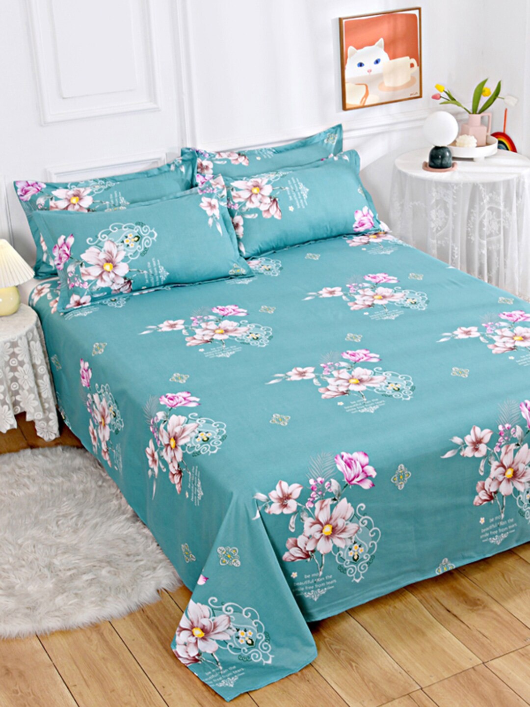 

JC HOME Green & White Floral 140 TC King Bedsheet with 2 Pillow Covers
