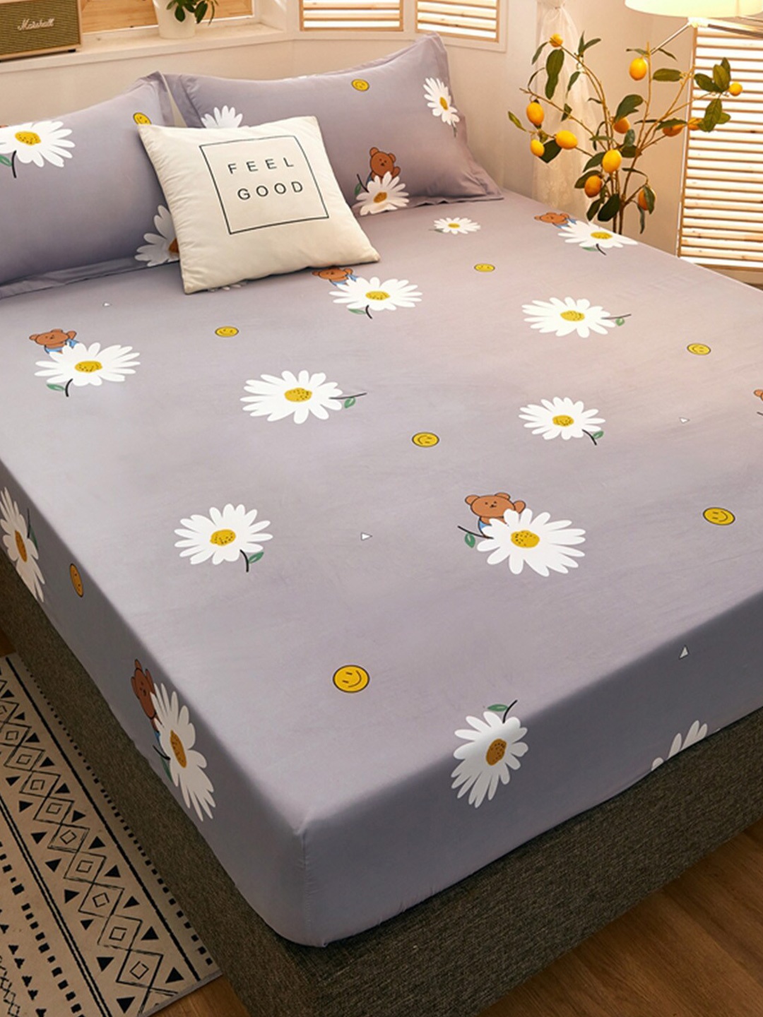 

JC HOME Grey & White Floral 160 TC Fitted Single Bedsheet & Pillow Cover