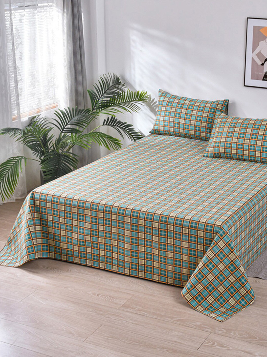 

JC HOME Blue & Orange Geometric 160 TC Queen Bedsheet & 2 Pillow Covers