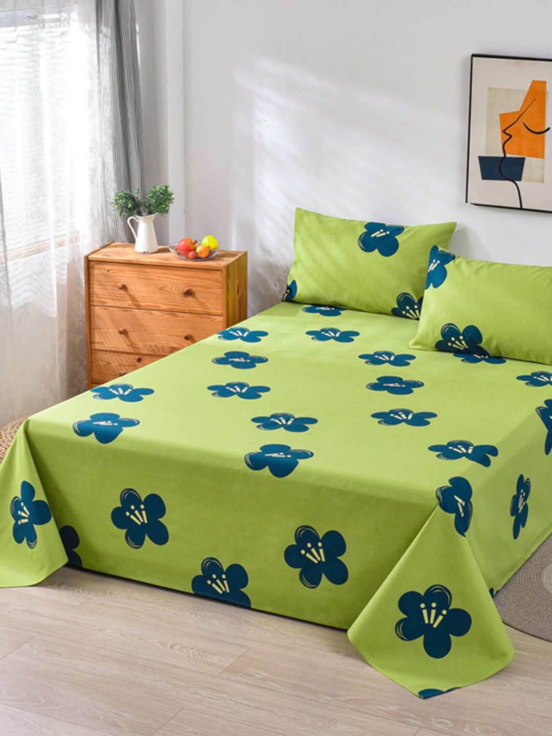 

JC HOME Green & Green Floral Printed 160 TC Queen Bedsheet & 2 Pillow Covers