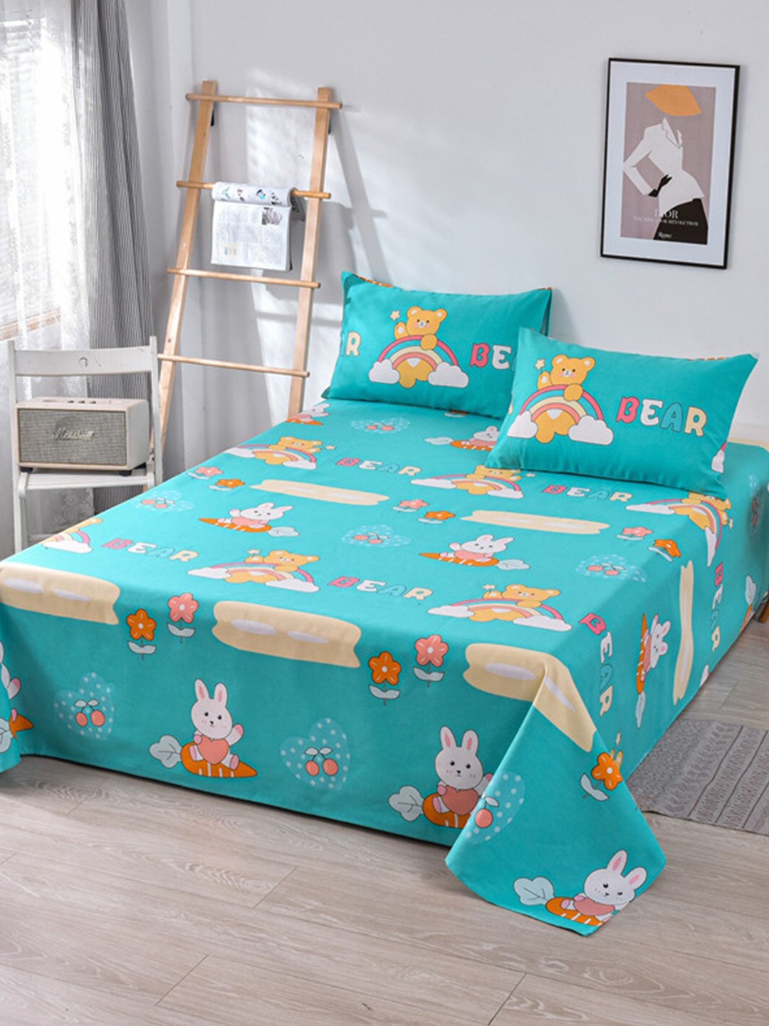 

JC HOME Teal & Orange Printed 160 TC King Bedsheet & 2 Pillow Covers