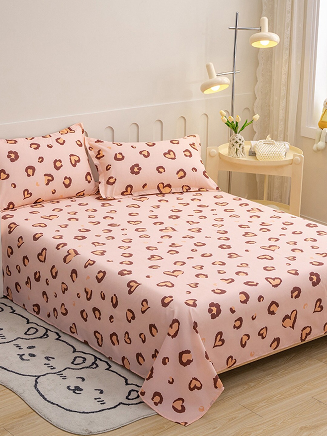 

JC HOME Pink & Peach-Coloured Printed 140 TC King Bedsheet & 2 Pillow Covers