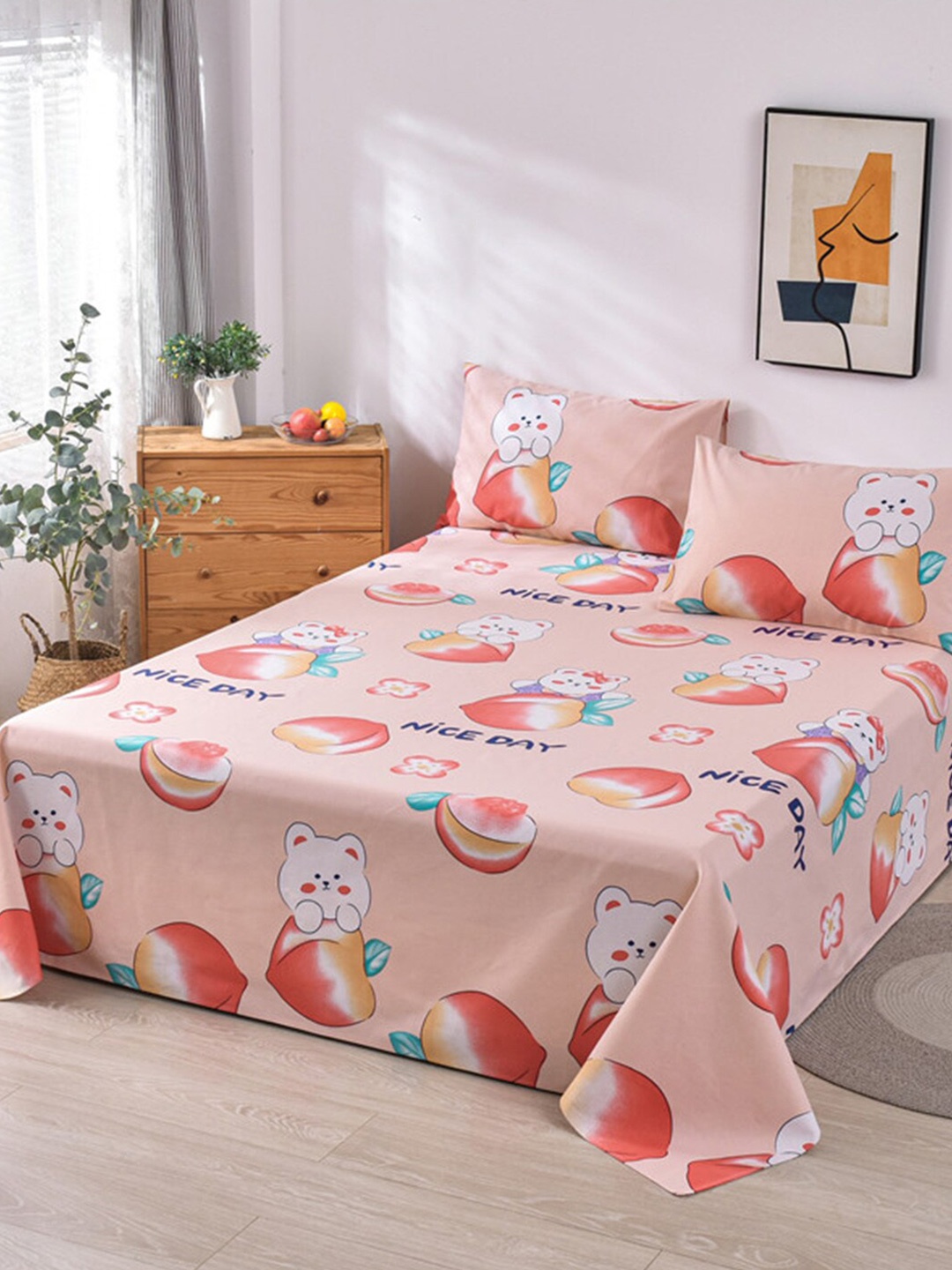 

JC HOME Peach-Coloured Printed 160 TC King Bedsheet & 2 Pillow Covers