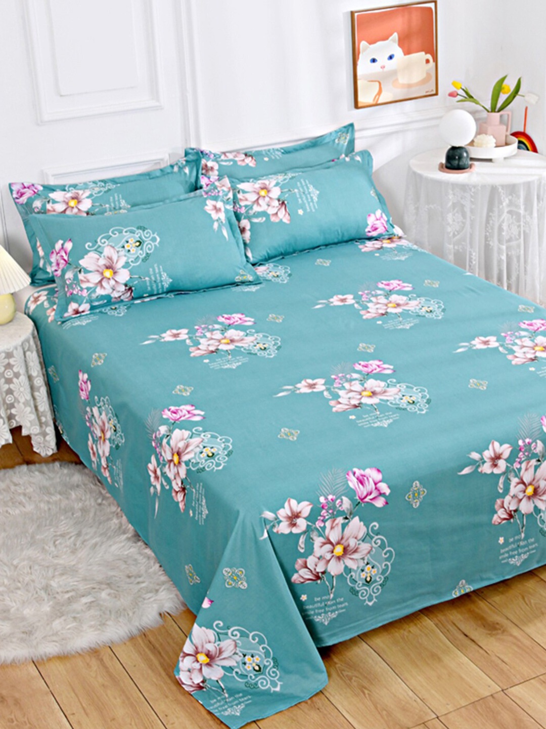 

JC HOME Green & White Floral Printed 140 TC Queen Bedsheet & 2 Pillow Covers