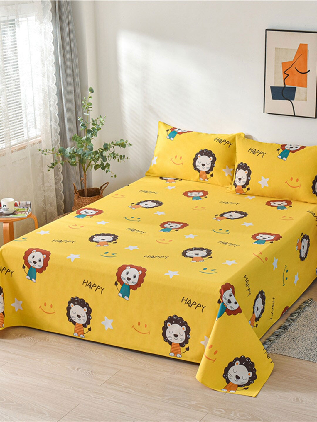 

JC HOME Yellow & Black Printed 160 TC Queen Bedsheet & 2 Pillow Covers