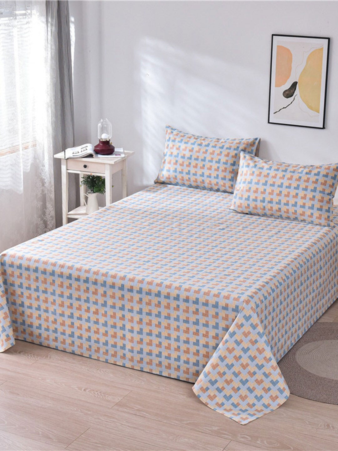 

JC HOME White & Khaki Geometric 160 TC Queen Bedsheet With 2 Pillow Covers